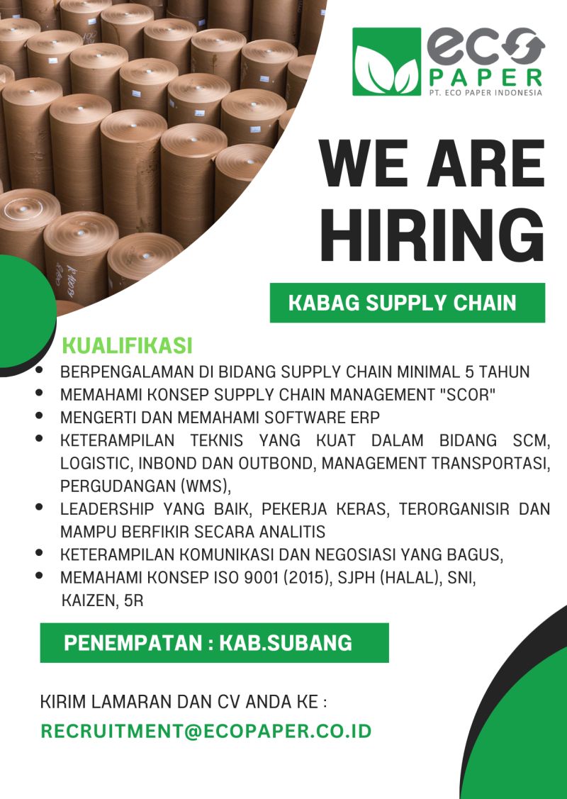 Lowongan Kerja PT Eco Paper Indonesia Subang Terbaru 2026