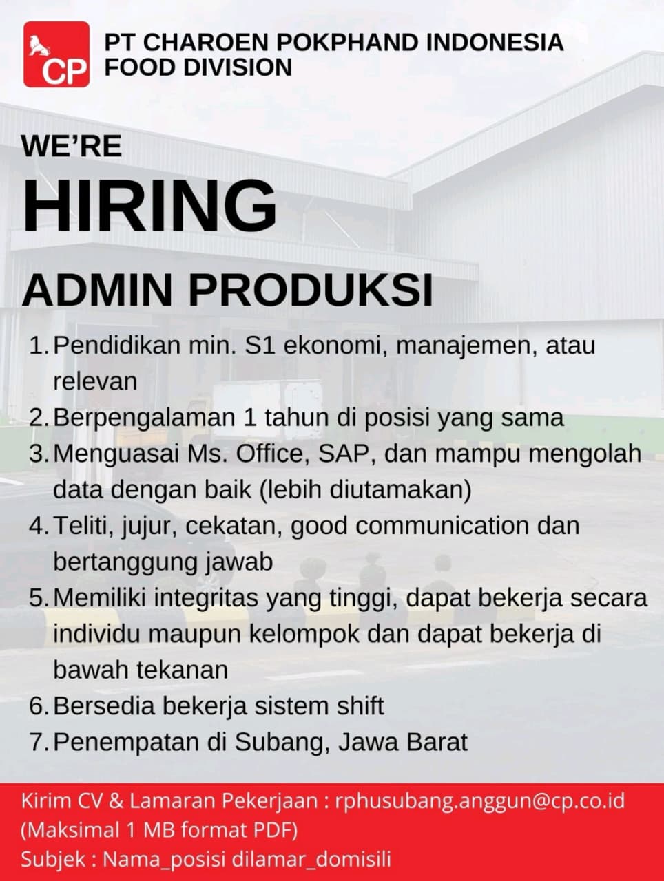 Lowongan Kerja PT Charoen Pokphand Indonesia Tbk Subang