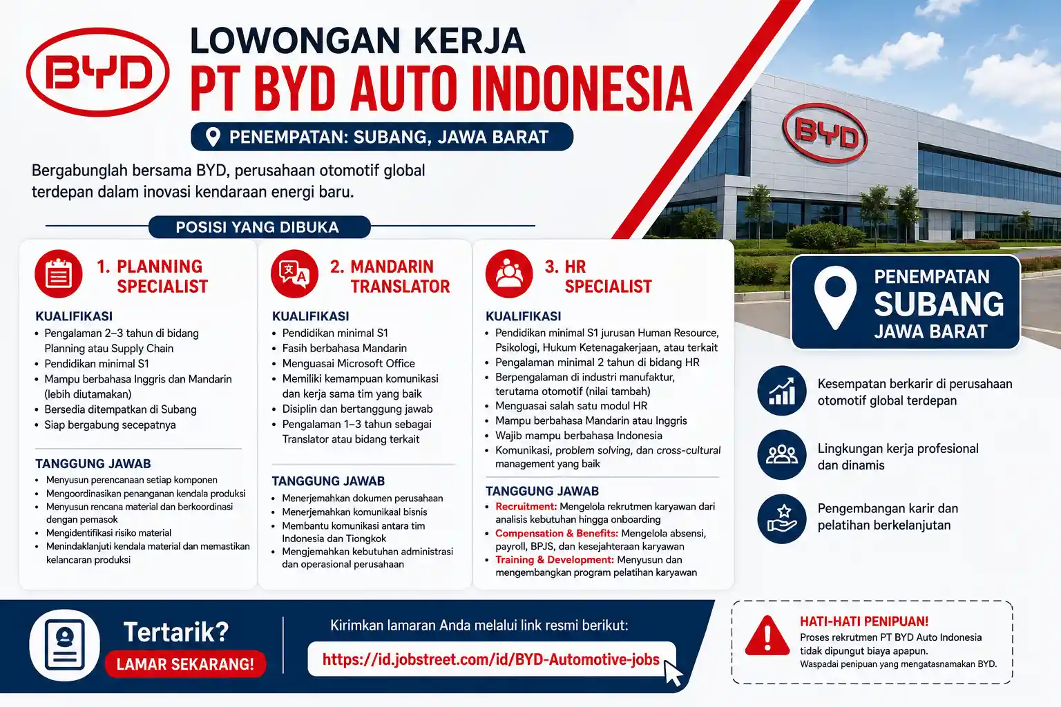 Lowongan Kerja PT BYD Indonesia Subang Terbaru 2026, Dibuka untuk Planning Specialist, Mandarin Translator dan HR Specialist