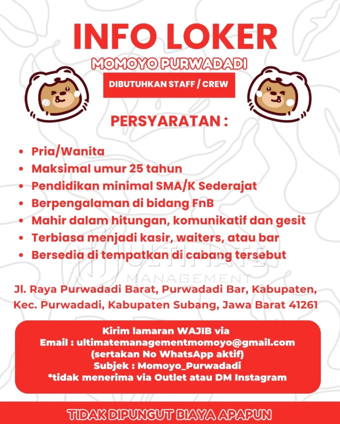 Lowongan Kerja Momoyo Purwadadi Subang Terbaru 2026, Dibutuhkan Staff / Crew Outlet