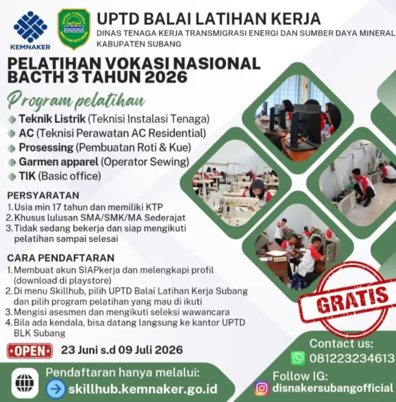 Pendaftaran Pelatihan Kerja Gratis BLK Subang 2026 Angkatan 3 Dibuka! Cek Syarat dan Cara Daftarnya