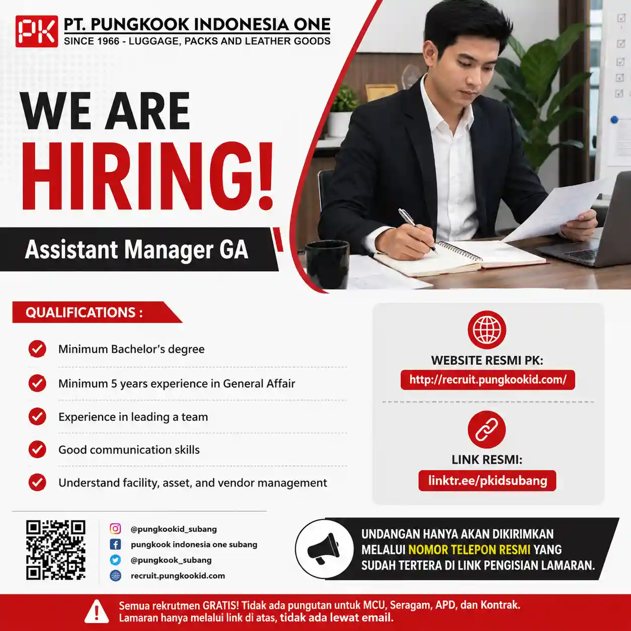 Lowongan Kerja PT Pungkook Indonesia One Subang 2026 Posisi Assistant Manager GA