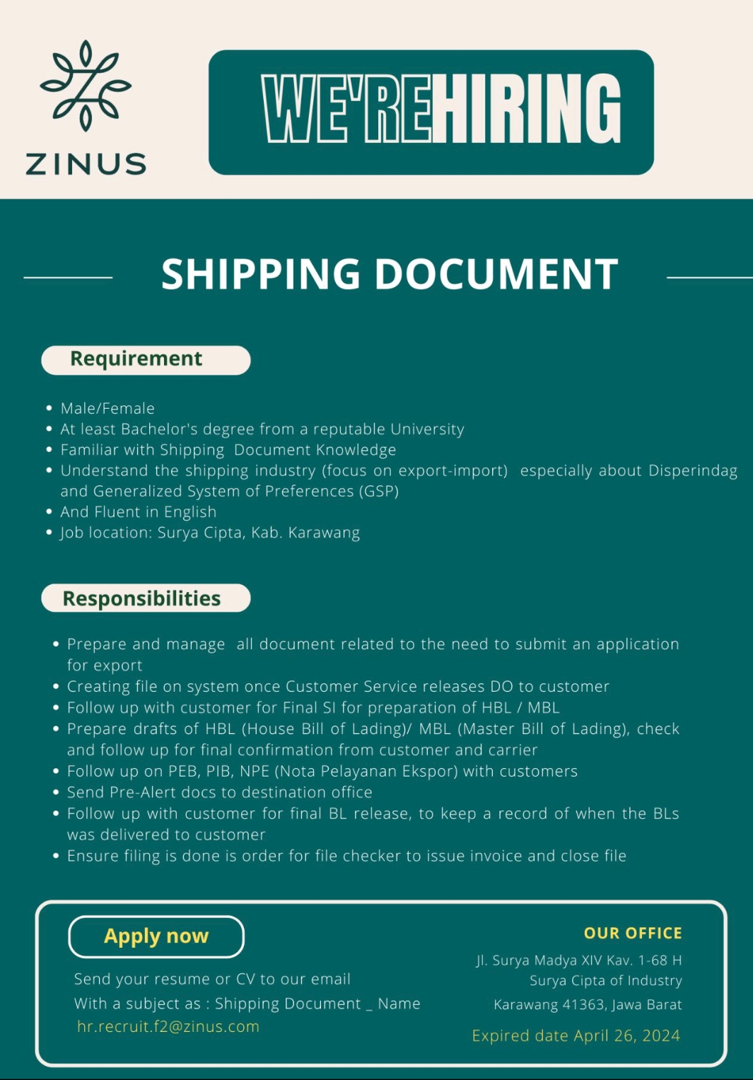 Lowongan Kerja PT Zinus Global Indonesia Karawang