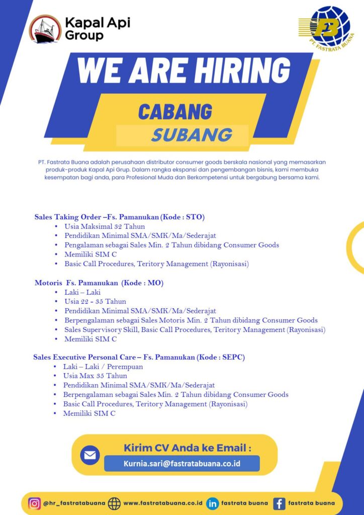 Lowongan Kerja PT Fastrata Buana (Distributor Kapal Api) Subang
